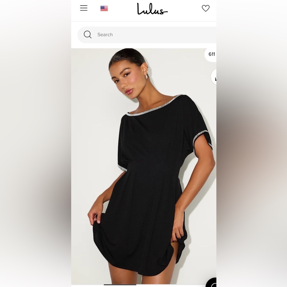 Dessen Black Rhinestone Trim Short Sleeve Mini Dress